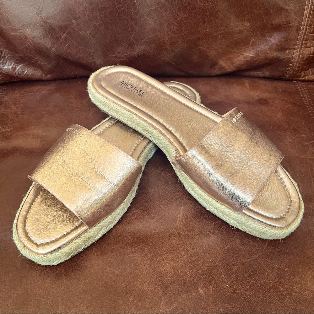 Michael Kors Metallic Rose Gold Leather Slip-On Espadrille Sandals Size 9.5